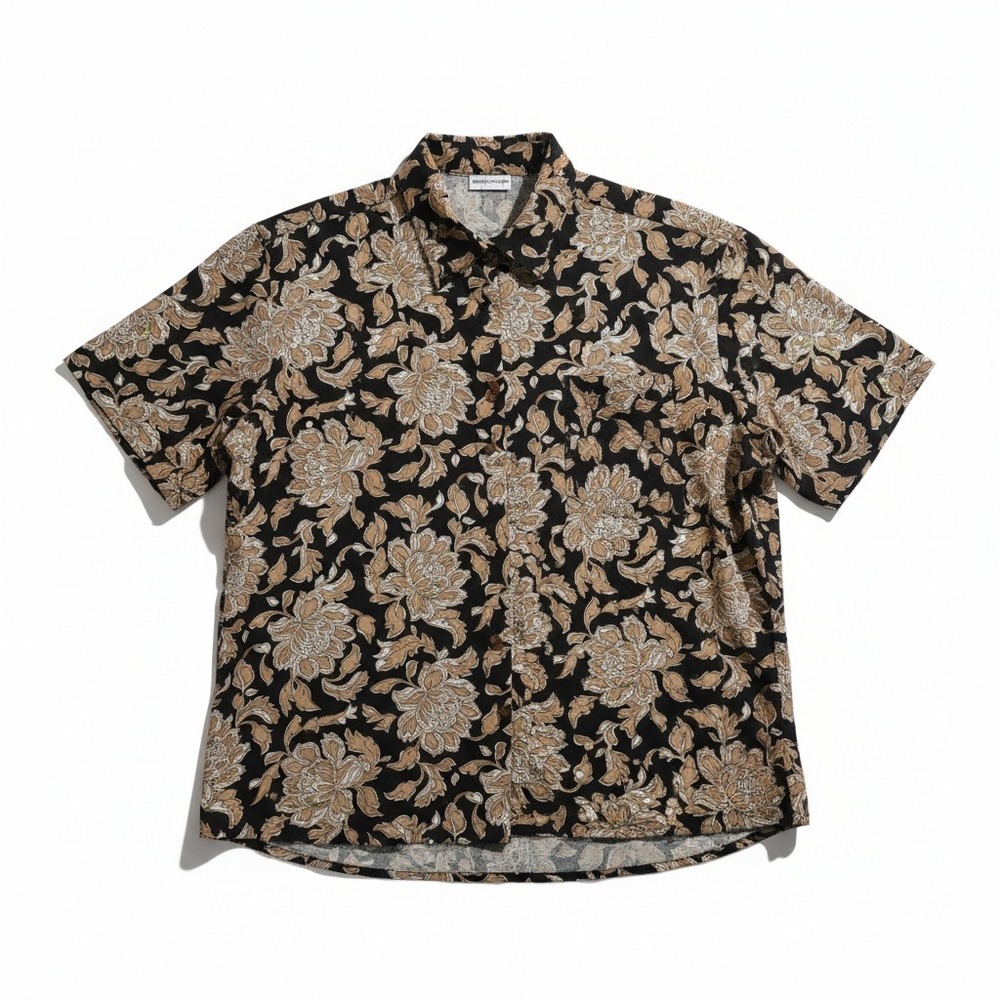 White Stag Black Tan Floral Sequin Short Sleeve Button Down Shirt Top